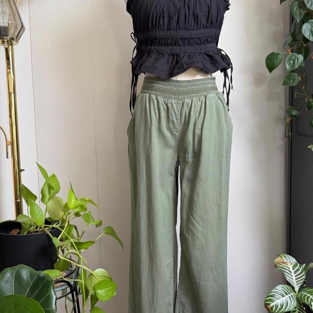 Briggs Olive Green Wide Leg Pants Smocked Elastic Waist Pockets Small